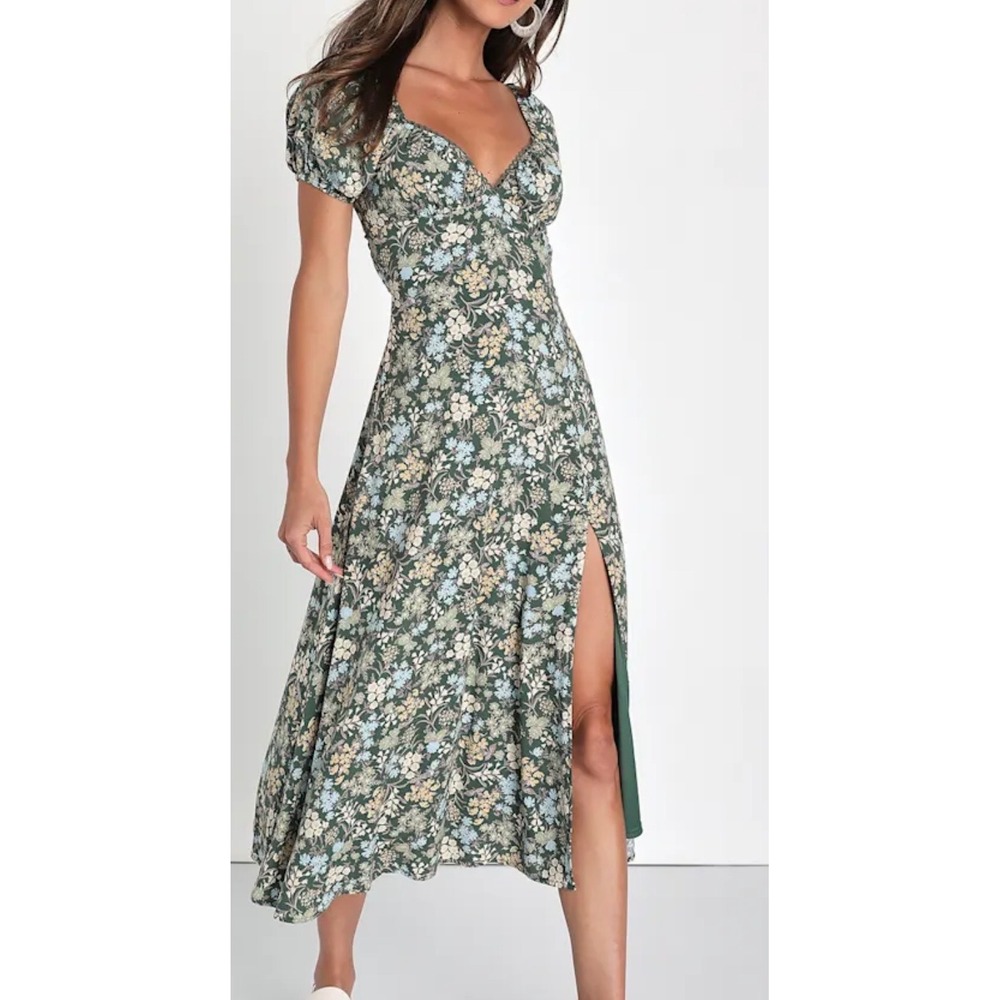 NWT Lulus Size Medium Meadow Muse Green Floral Tie-Back Puff Sleeve Midi
Dress